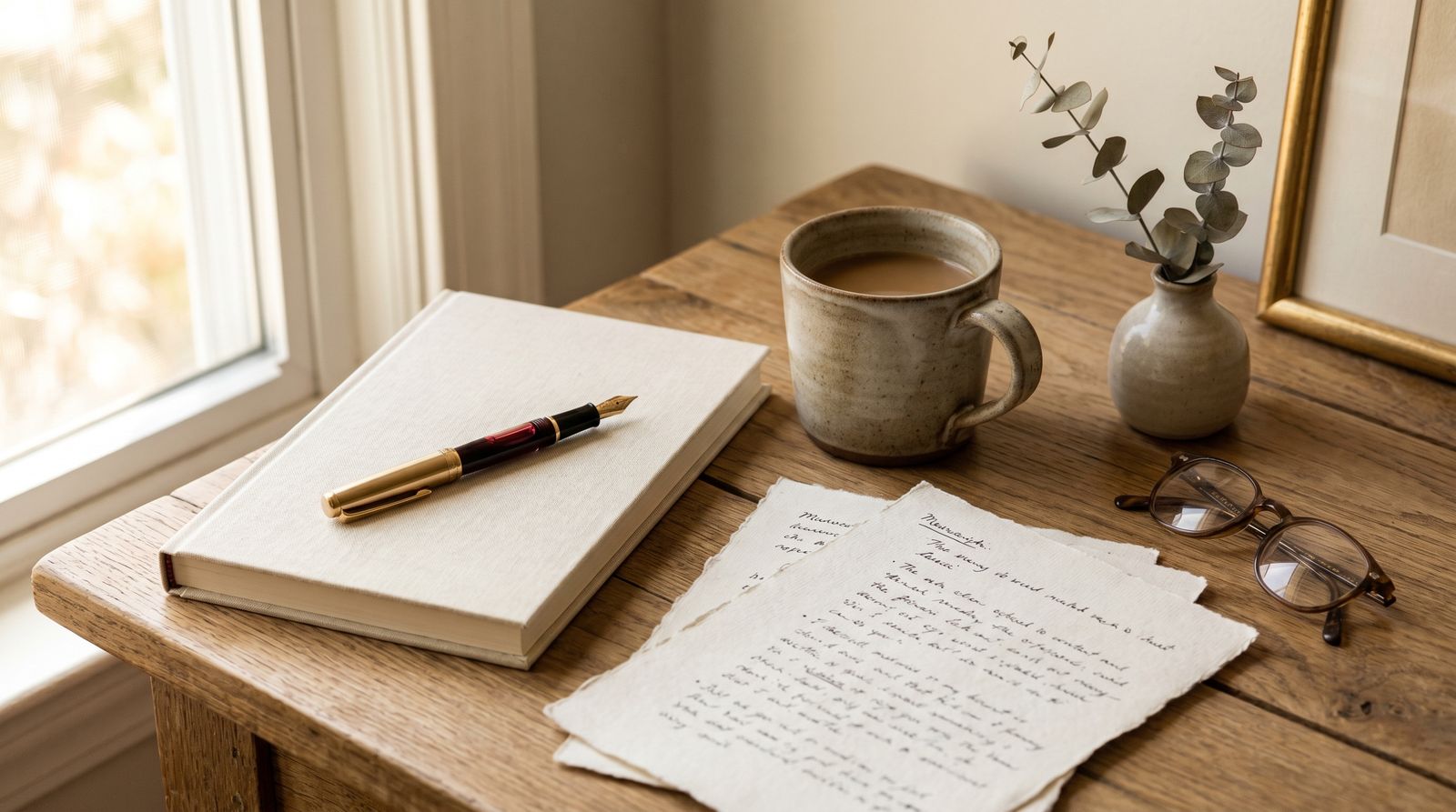 A writer's desk in warm light — a linen notebook and fountain pen, coffee, and handwritten manuscript pages