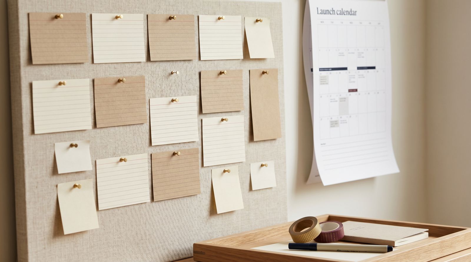 A go-to-market planning wall — cream and kraft index cards pinned in a grid beside a printed launch calendar